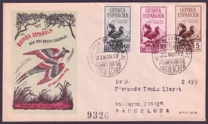 F-EX45783 GUINEA EQUATORIAL 1952 REG FDC COLONIAL STAMP DAY BIRD AVES. - Picture 1 of 2