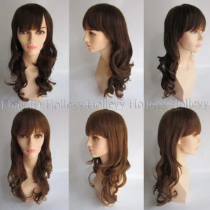 Long Curly Wave Wig Synthetic Hair Mix Brown Full Bangs Women Cosplay Full Wig - Picture 1 of 14