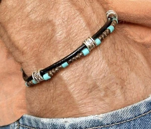 Pulsera hecho a mano piel madera de coco plata enviejecida piedra turquesa LT10 - Imagen 1 de 2