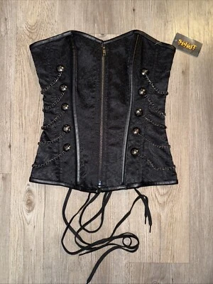 Corsé Deshuesado Steampunk Brocado Gótico Vamp Talla Pequeña Con Cordones Cadenas de Metal Nuevo Foto 1 de 4