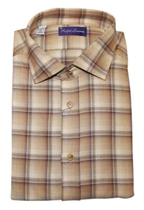 $495 Ralph Lauren Purple Label Mens Flannel Dress Shirt Plaid Brown Italy XXL - Picture 1 of 3