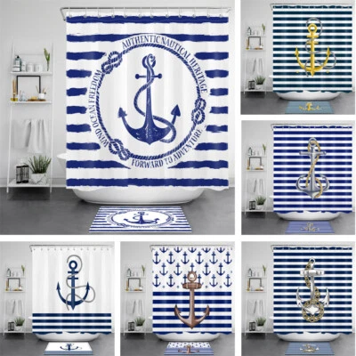 锚浴帘航海海洋主题蓝色白色条纹浴室装饰 — 第 1/4 张图片