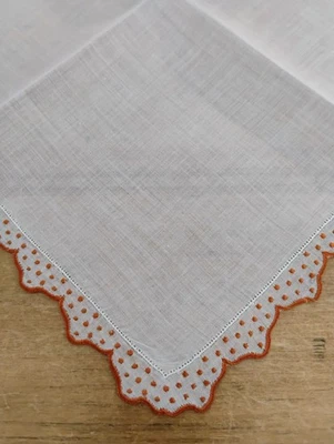 Vgt Red Embroidered Dots Border White Semi Sheer Cotton Hankie Handkerchief - Image 1 of 4