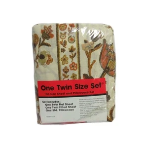 Vintage 70's Brown & Orange Floral twin Bed Sheet Set & Matching Pillowcase - Picture 1 of 6