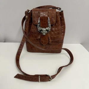 Bolso Cartera Vintage Ann Turk Cuero Cocodrilo Repujado Coñac Marrón Plata Metal - Imagen 1 de 11