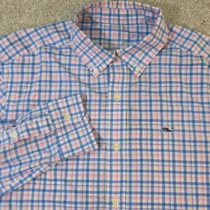 Vineyard Vines Shirt Men Medium Blue Pink Plaid Whale Performance Classic Whale - Picture 1 of 11