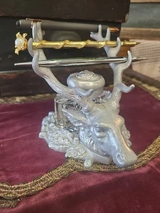 Antique Ink Well Stag Deer 1904 St. Louis Worlds Fair Pen Holder Aluminum Glass - Picture 1 of 15