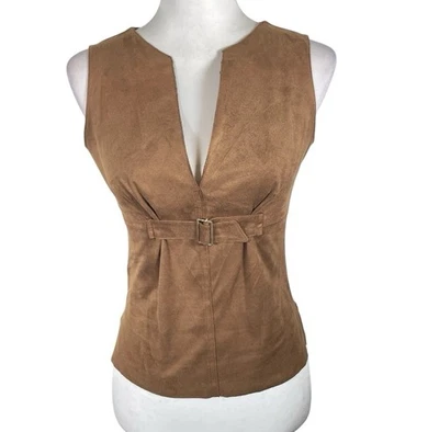 MAx Studio 夹克女式 XS 棕色人造麂皮绒扣腰无袖深 V 领 — 第 1/4 张图片