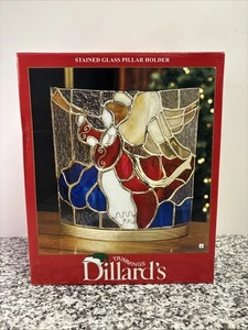 Vtg Stained Glass Christmas Angel Candle Holder Big Red Blue Gold Trumpet - Picture 1 of 11