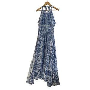 Jaase Endless Summer Maxi Dress Size M Blue White Halter Tie Back Boho Slit - Picture 1 of 22