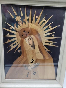 Vintage Unsere Liebe Frau vom Tor der Morgenröte Mutter Maria polnische Intarsien Stroh Kunst 12x10" - Bild 1 von 10