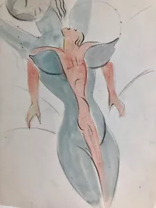 Man Hanging on Breasts of Woman M/M Fantasy Painting-1920s-Bertram Hartman - Picture 1 of 8