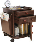 Multi Storage Mahogany Finish Companion Side Table with Rolling Wheels