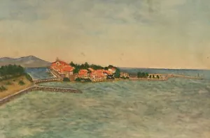 Antico quadro acquerello realista costa città paesaggio - Foto 1 di 11