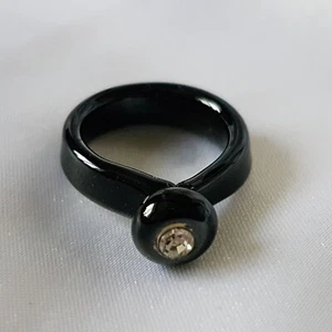 Ring ~ Solitaire ~ Clear Diamante ~ Hand-crafted Glass ~ Black ~ UK Size M 1/2 - Picture 1 of 8