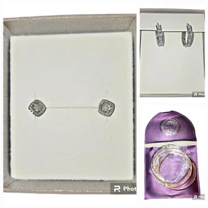 Silver Oval Bag Glitter Hoop Earrings/Silver .08 Diamond Sq Studs & 3 Tone... - Picture 1 of 2