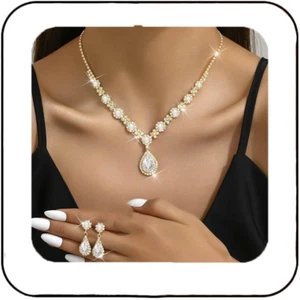 Crystal Bridal Wedding Jewelry Set Silver Rhinestone Necklace Earrings Bracelet - Picture 1 of 7