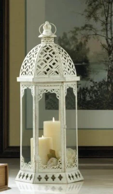 White 19" Distressed Moroccan Candle Lantern Lamp Centerpiece Terrace Home Decor - Image 1 of 4