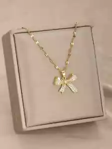 Girls' Golden Plated Bow Tie Pendant Necklace Elegant Copper Zirconia Jewelry - Picture 1 of 10
