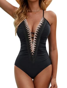 Women's Sexy One Piece Swimsuit Ruched Tummy Control Bathing Suit Plunge Colo... - Picture 1 of 6