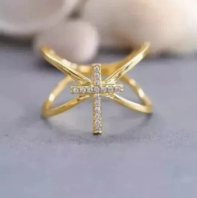 Round Cut Lab Created Diamond Stunning Cross Band Ring 14K Yellow Gold Plated - Image 1 of 4
