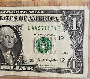 One Dollar Bill - Series 2021--L 44971179 F -- $1.00 4 Number Serial - Picture 1 of 4