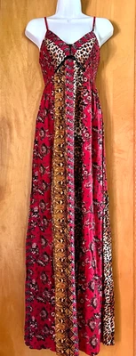 WOMEN'S ANGIE RED MIXED FLORAL LEOPARD PRINT SMOCKED TIERED SLIT MAXI DRESS - S - Image 1 of 4