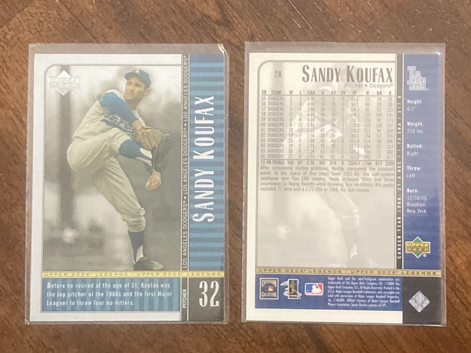 SANDY KOUFAX 2000 UPPER DECK LEGENDS LOS ANGELES DODGERS CARD #28 - Image 1 of 1