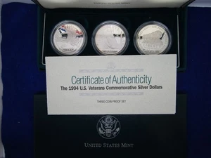 The 1994 U.S. Veterans Commemorative Silver Dollars 3 Coin Proof Set - Picture 1 of 2