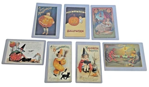 Lotto 7 ~ ANTICHE cartoline a tema Halloween DIAVOLO / STREGA / ZUCCA rare - Foto 1 di 2