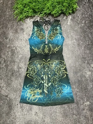 Vtg Christian Audigier Rhinestone Printed Maxi Dress Y2K Sz S Ed Hardy Black - Image 1 of 4