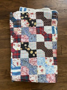 Vintage Quilt 68 X 83” Bow tie Handmade Hand Stitched Twin Size Blanket Unique - Picture 1 of 8