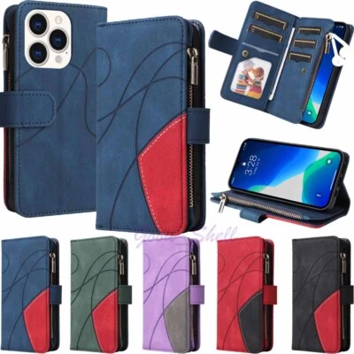 For iPhone 16 15 14 13 12 11 X SE 7 8 Plus Zipper Wallet Leather Flip Case Cover - Image 1 of 4
