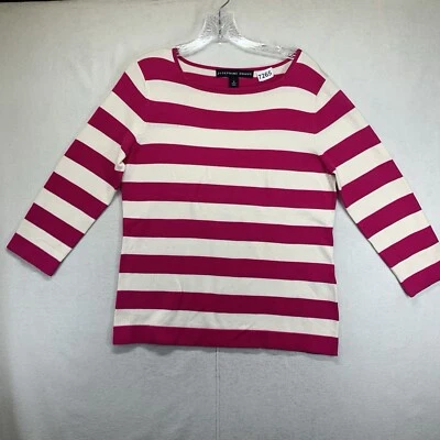 Top de mujer pequeño de seda de nailon a rayas magenta brillantes tejido grueso manga 3/4 Foto 1 de 4