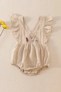 Petal & Pine Girl's Boutique Beige Floral Embroidered Linen Ruffle Strap Bubble - Picture 1 of 8