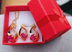 Real Ruby & CZ Crystal Gold Plated Pendant Necklace & Matching Earrings #1075 - Picture 1 of 8