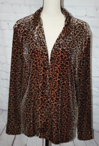 Sag Harbor Petite Women's Cheetah Velour Long-Sleeve Button Front Top Shirt PL - Picture 1 of 3