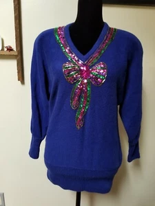 Vintage Sequin Bow 80s Sweater Barbara Scott Small "Look at those shoulder pads" - Picture 1 of 9