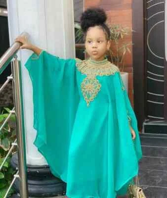 Vestido de fiesta de boda marroquí para niños verde mar Abaya largo caftán nuevo vestido de georgette Foto 1 de 3