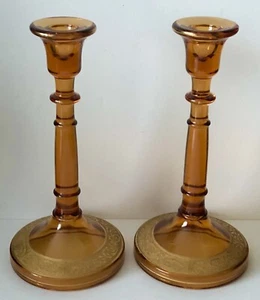 Vintage Elegant Amber Glass CANDLESTICKS GOLD ENCRUSTED Candle Holders 9” Tall - Picture 1 of 8