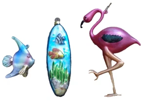 Lot Vtg 3 Hand Blown Glass Pink Flamingo Surfboard Rainbow Fish Hanging Ornament - Picture 1 of 7