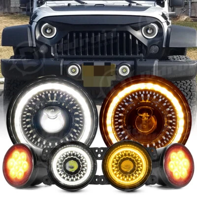 For Jeep Wrangler JK 2007-2018 Combo Halo 7'' LED Headlights Turn Fog Lights Kit - Image 1 of 4