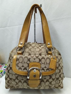 Bolso Cartera Coach Signature Marrón Lona Cuero Borde Hebilla Bolsillo Cúpula - Imagen 1 de 14