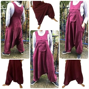 Unisex Plain Hemp Cotton Drop Crotch Harem Dungarees Festival Overalls Jumpsuit - Picture 1 of 11