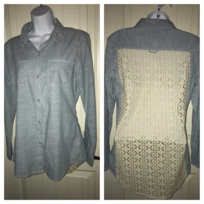 American Rag Cie Women's Blue Long Sleeve Lace Chambray Blouse Sz SMALL EUC - Image 1 of 4