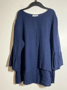 Bryn Walker EUC Navy Blue Linen Flutter Sleeve Crew Neckline Hi Low Top Shirt M - Picture 1 of 8
