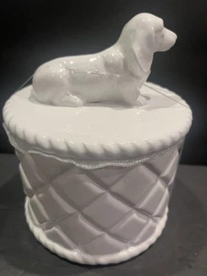 White Dachshund Quilted Diamond Canister Cookie Jar  7” Ceramic Kitchen Whimsy  - Image 1 of 4