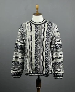 Vintage TUNDRA CANADA Black White 3D Textured Coogi Style Sweater Size L - Picture 1 of 16