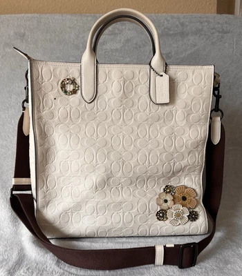 COACH Gotham  Leather Tall Tote Shoulder Bag 3D Flowers Crossbody White Ivory - Image 1 of 4