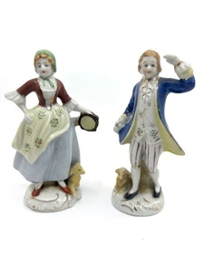 OCCUPIED JAPAN FIGURINES/ VICTORIAN WOMAN & MAN EACH BY THEIR RECLINING LAMB - Picture 1 of 5